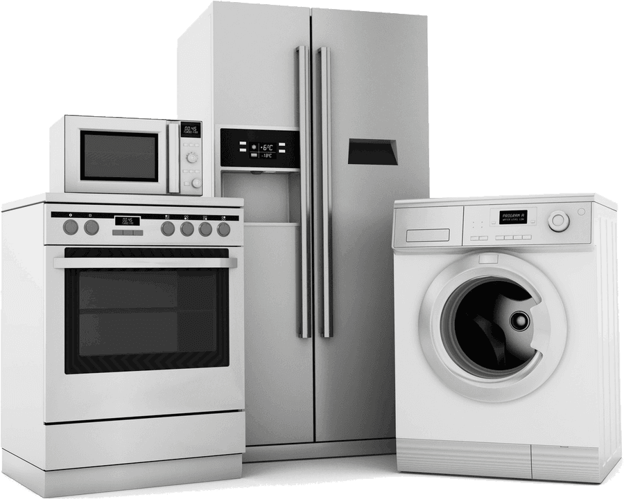 A stainless-steel refrigerator, oven range with microwave, and front-loading washing machine